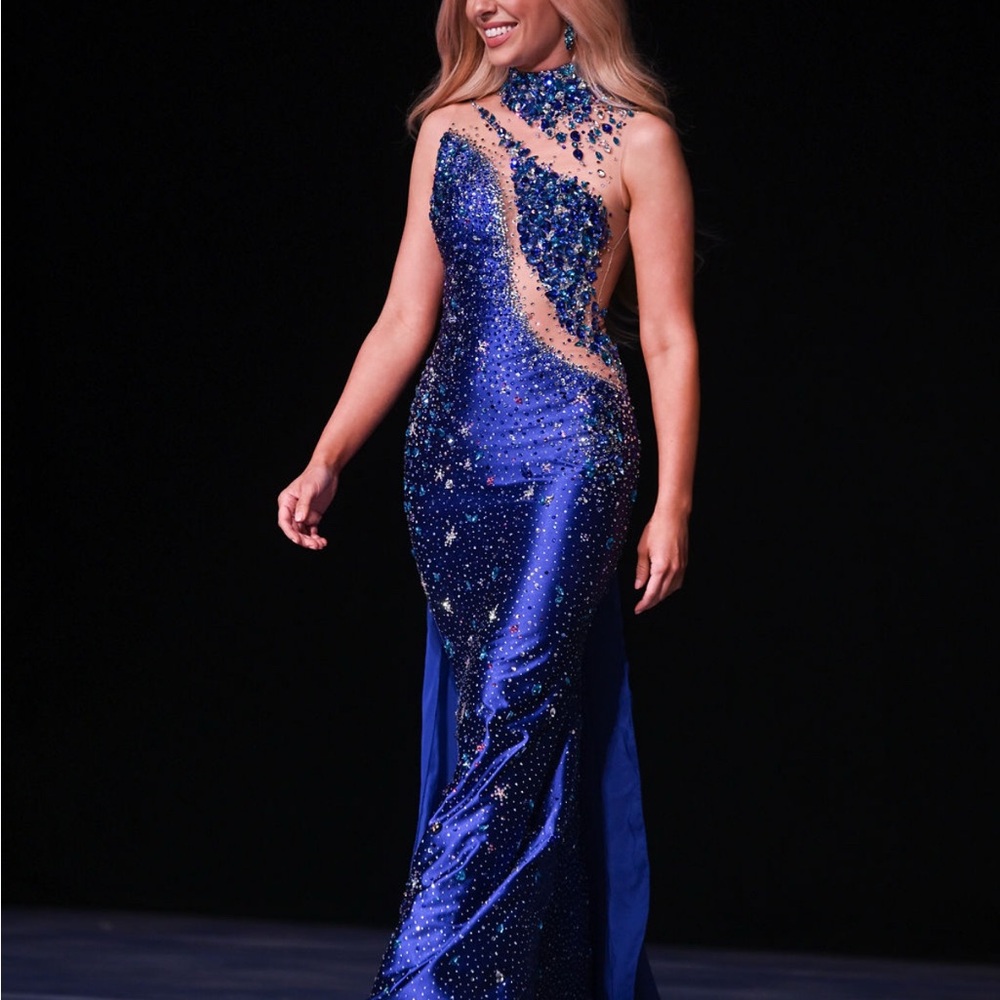 Custom blue pageant gown with cape